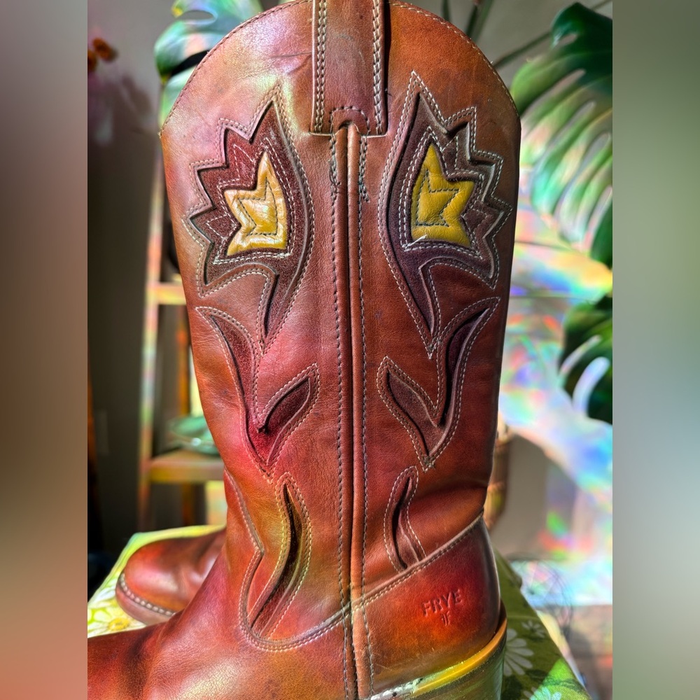 Frye Brown Leather Western Heeled Boots with Yellow Stitching - Picture 10 of 10